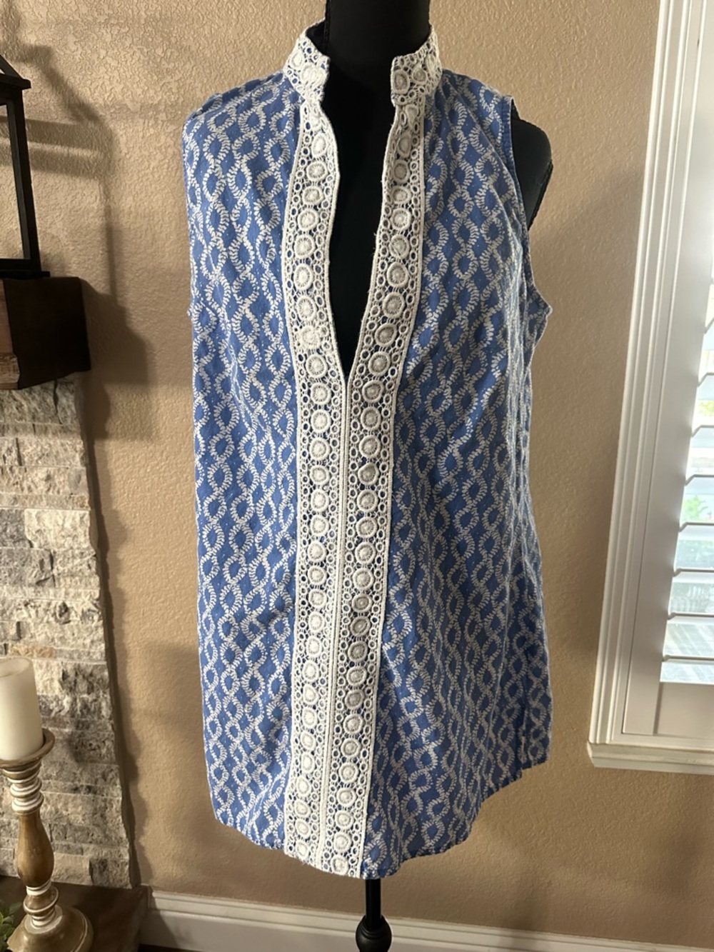 Rock Paper Flowers blue geometric sleeveless mini tunic dress v-neck women’s L